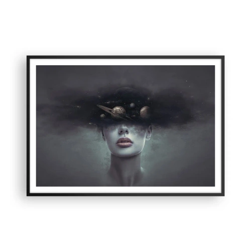 Affiche dans un cadre noir - Poster - Un visage de femme avec un motif de planète et d'espace en arrière-plan - 100x70cm - Et les planètes deviennent folles... - Décoration murale moderne pour le salon et la chambre ARTTOR