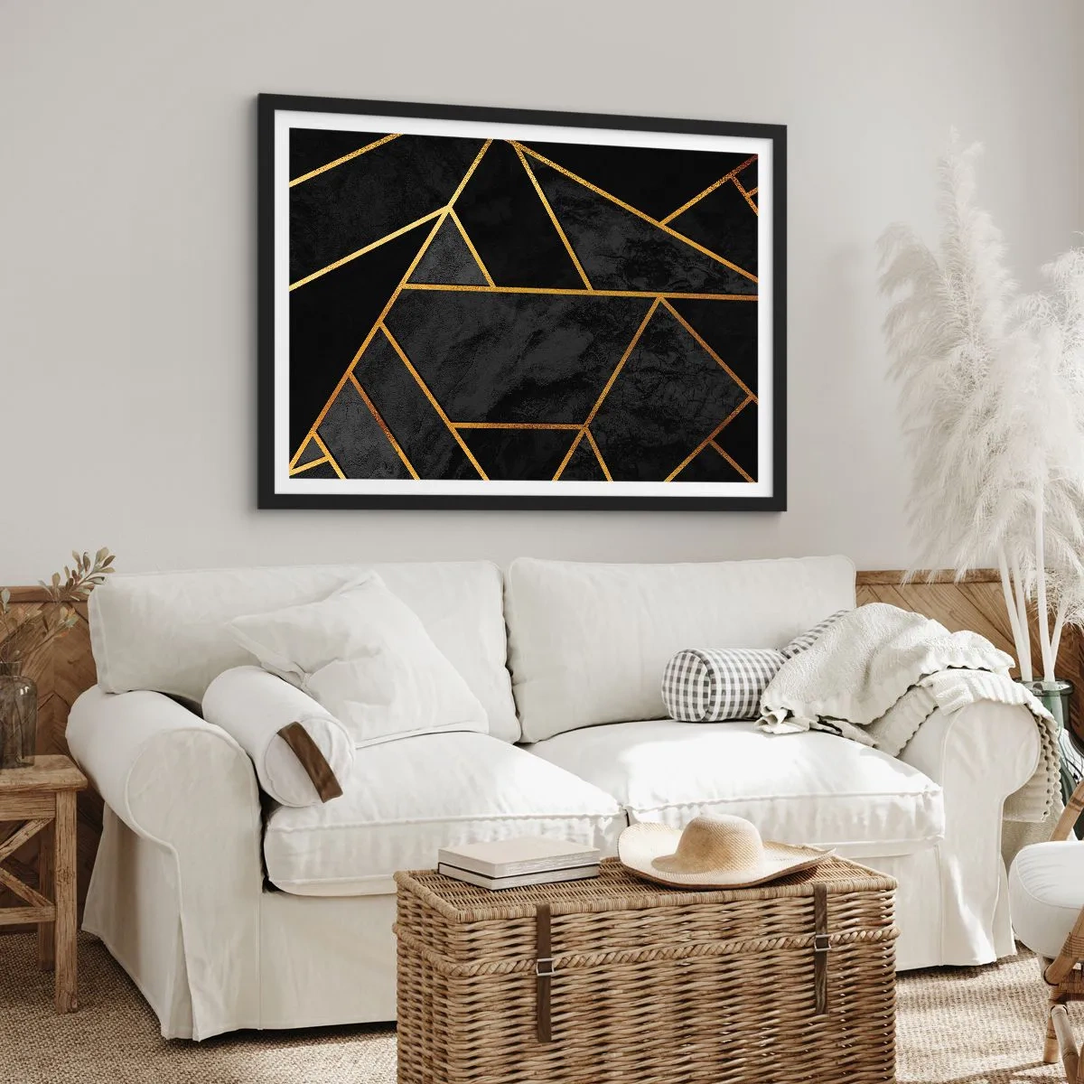 Affiche dans un cadre noir - Poster - Motif géométrique doré sur fond noir - 70x50cm - Obscurité et éclat - Décoration murale moderne pour le salon et la chambre ARTTOR