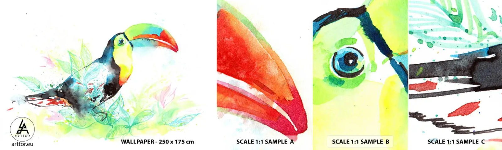 Échantillon de Papier Peint Autocollant Deluxe Sticker - Aussi coloré que l'Amérique du Sud - Oiseau, Toucan, Pour les enfants - 100x30 cm