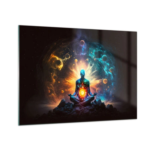 Impression sur verre - Image sur verre - Une silhouette méditative dans une explosion cosmique de couleurs - 70x50cm - Paix cosmique - Décoration murale moderne pour le salon et la chambre ARTTOR