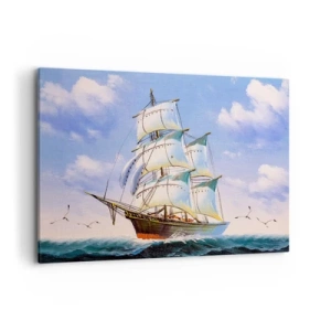 Impression sur toile - Image sur toile - Un voilier en pleine mer sous un ciel bleu - 120x80cm - Fièrement avec le vent - Décoration murale moderne pour le salon et la chambre ARTTOR