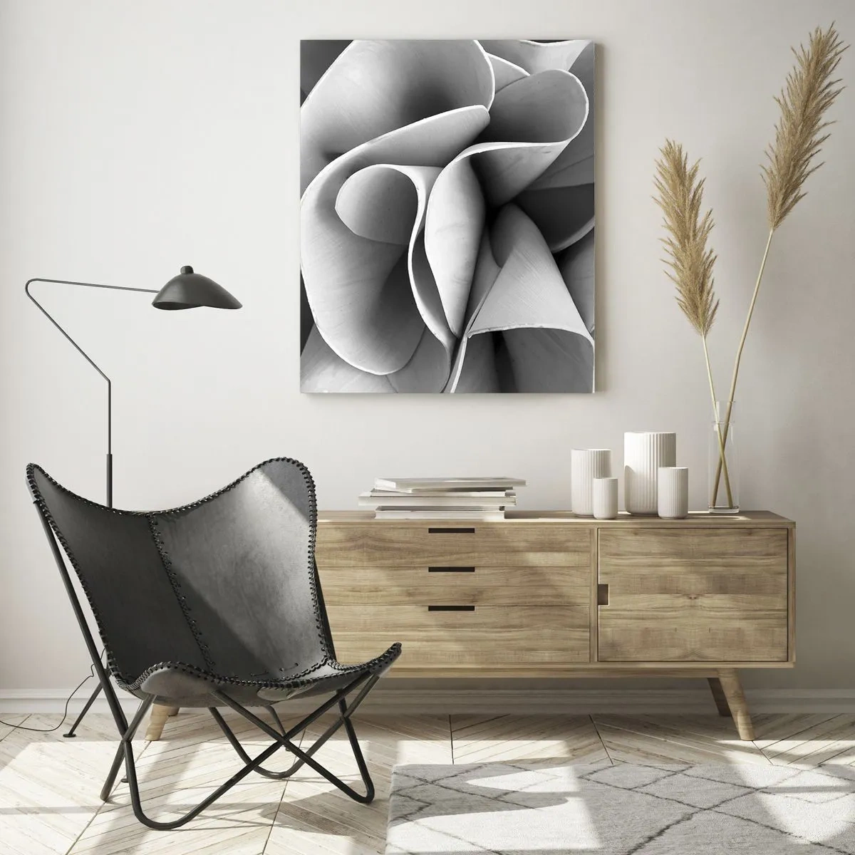 Impression sur verre - Image sur verre - Gros plan noir et blanc de formes spirales abstraites - 50x70cm - Il s'en passe dans l'espace - Décoration murale moderne pour le salon et la chambre ARTTOR