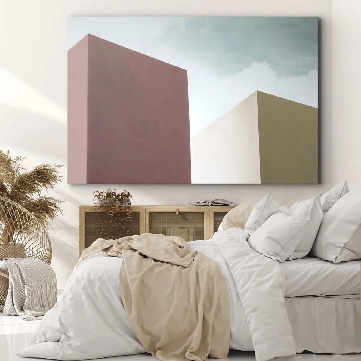 Impression sur toile - Image sur toile - Architecture minimaliste avec des blocs pastel et du ciel - 70x50cm - La géométrie d'un été ensoleillé - Décoration murale moderne pour le salon et la chambre ARTTOR