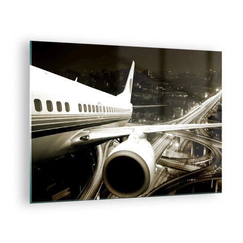 Impression sur verre - Image sur verre - Un avion au dessus de la ville la nuit avec une ambiance industrielle - 70x50cm - Vole dans la nuit - Décoration murale moderne pour le salon et la chambre ARTTOR