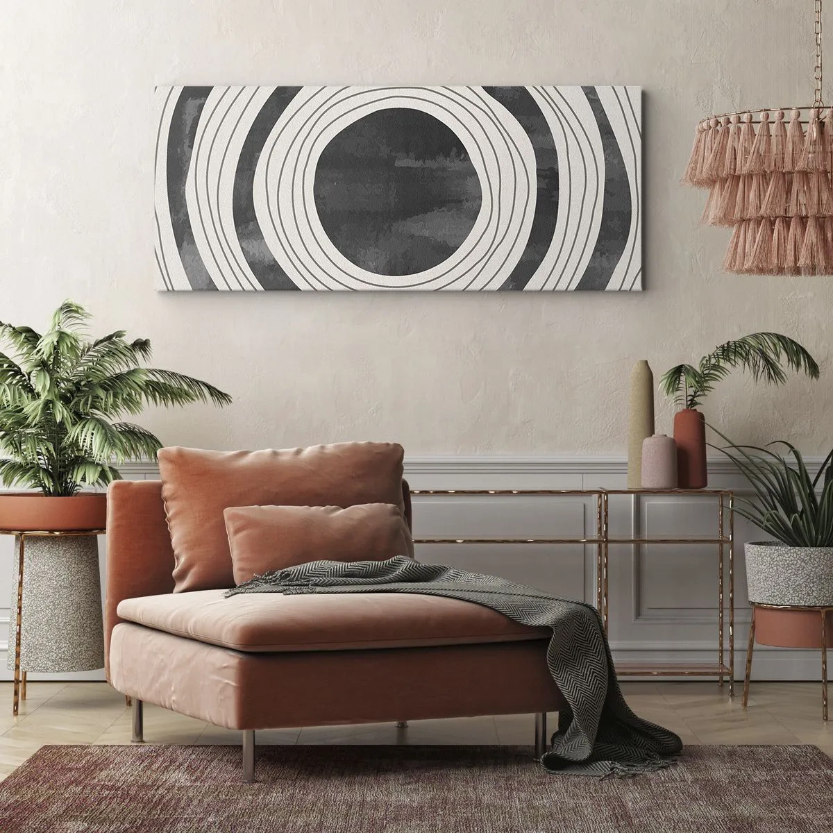 Impression sur toile - Image sur toile - Cercles concentriques noirs et blancs sur fond clair - 120x50cm - Droit au but - Décoration murale moderne pour le salon et la chambre ARTTOR