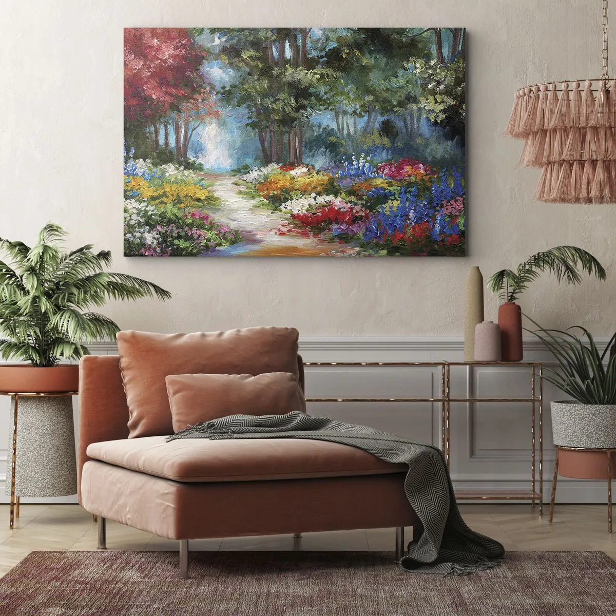 Impression sur toile - Image sur toile - Un jardin pittoresque rempli de fleurs et d'arbres colorés dans un cadre forestier - 120x80cm - Jardin forestier, forêt de fleurs - Décoration murale moderne pour le salon et la chambre ARTTOR