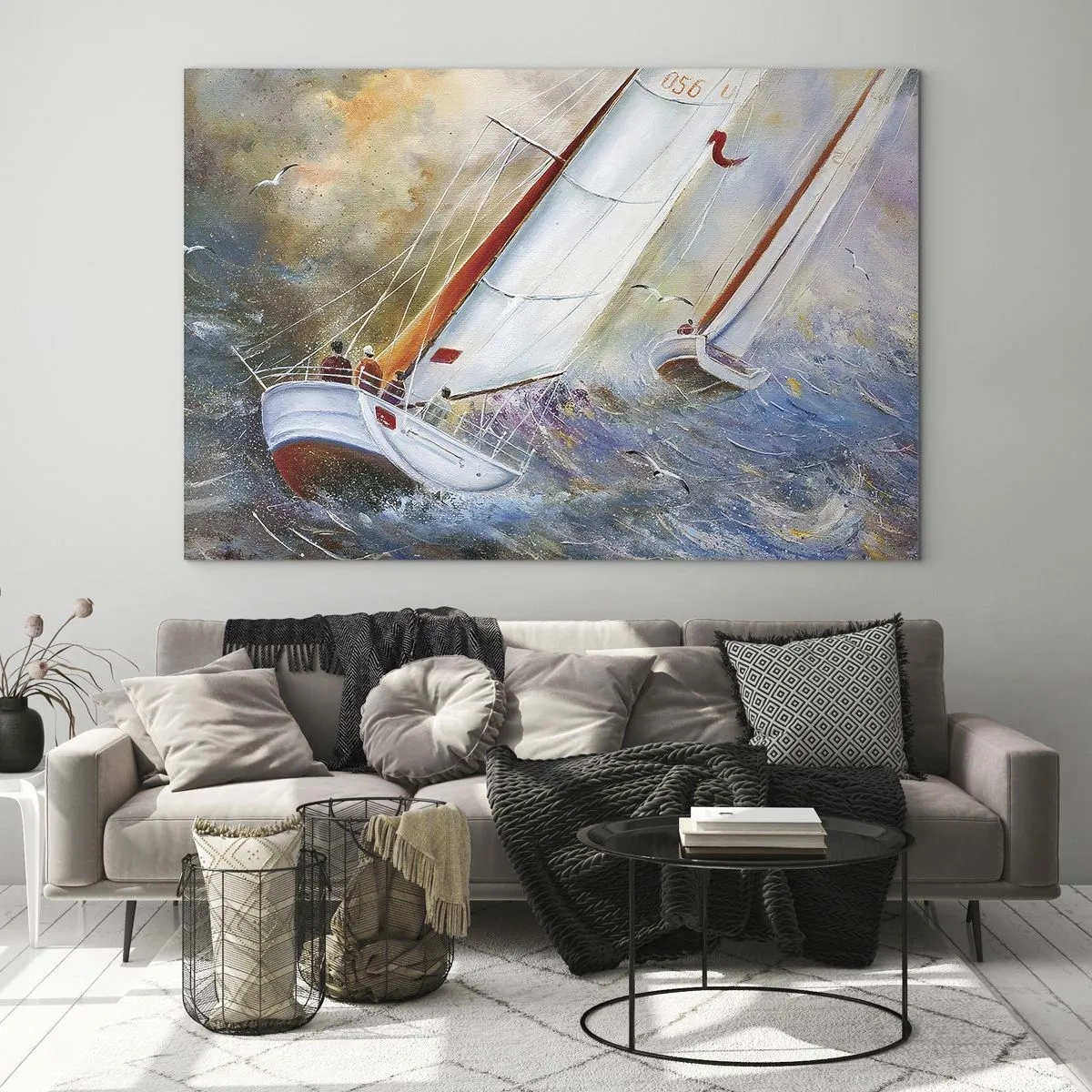 Impression sur verre - Image sur verre - Voiliers dans une mer agitée lors d'une régate - 70x50cm - Concourir sur les vagues - Décoration murale moderne pour le salon et la chambre ARTTOR
