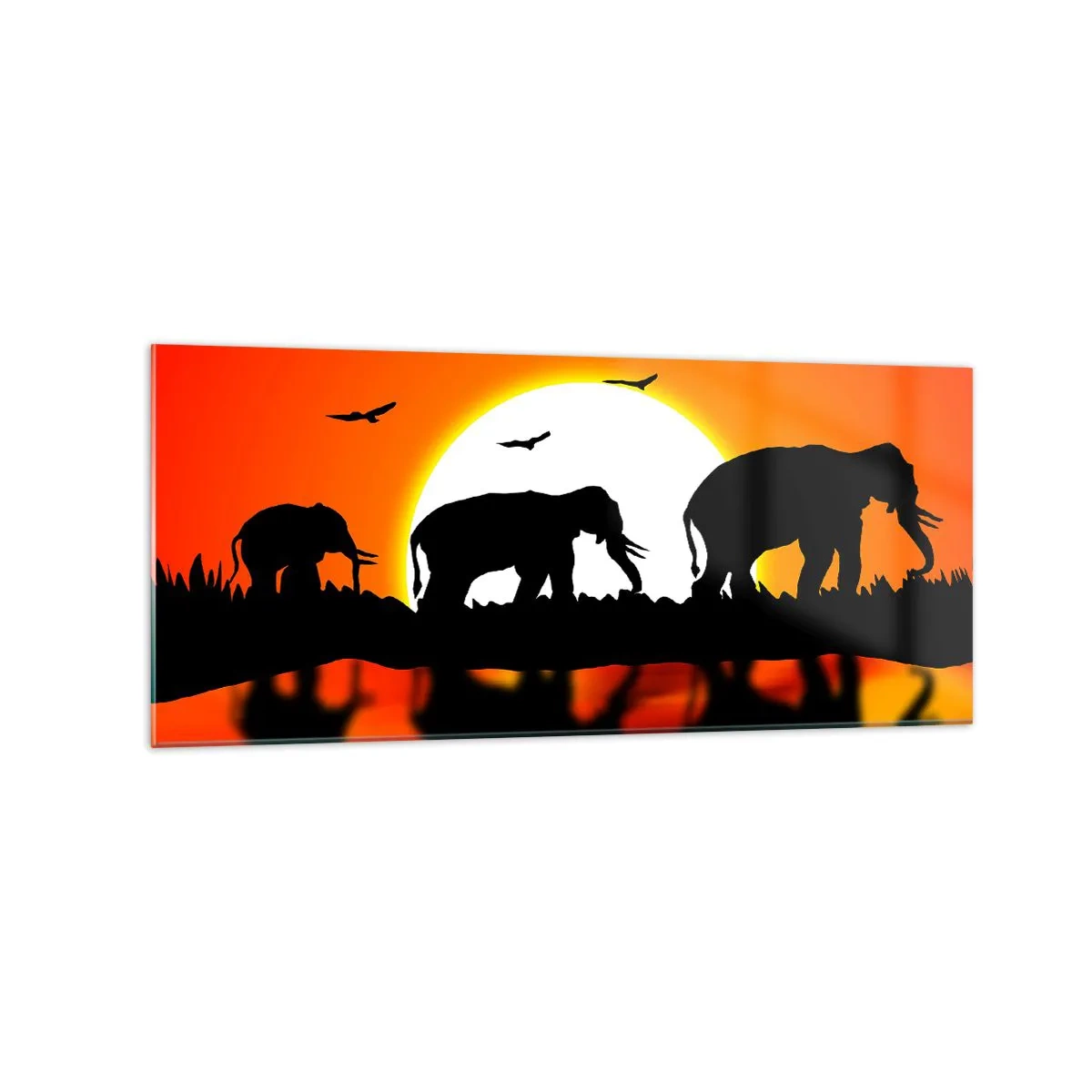 Impression sur verre - Image sur verre - Silhouettes d'éléphants au coucher du soleil sur l'eau avec reflet - 120x50cm - Et le soir pour un petit verre - Décoration murale moderne pour le salon et la chambre ARTTOR
