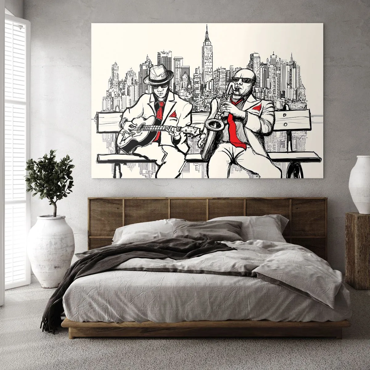 Impression sur verre - Image sur verre - Deux musiciens de jazz jouant avec en toile de fond la silhouette de la ville - 70x50cm - improvisation new-yorkaise - Décoration murale moderne pour le salon et la chambre ARTTOR