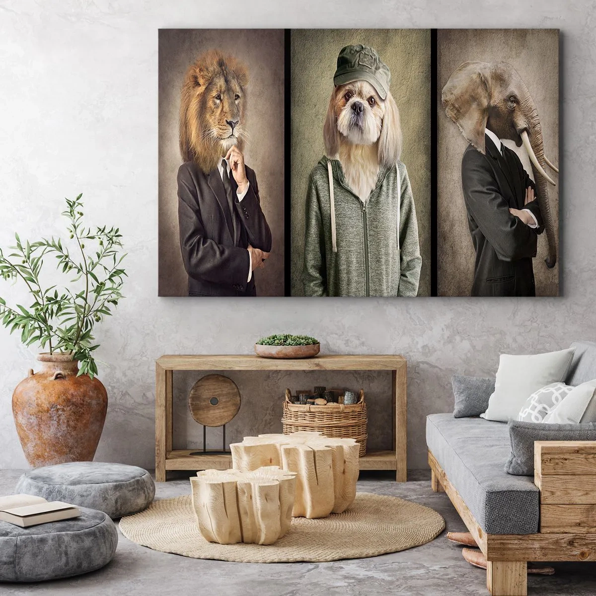 Impression sur toile - Image sur toile - Portraits stylisés d'un lion, d'un chien et d'un éléphant dans des vêtements élégants - 120x80cm - je préfère plus détendu - Décoration murale moderne pour le salon et la chambre ARTTOR
