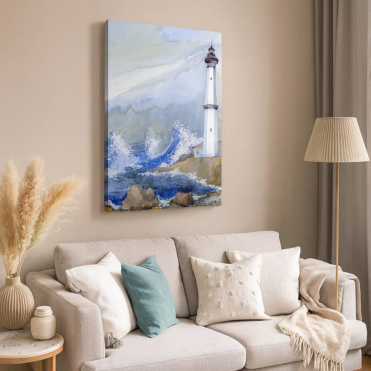 Impression sur toile - Image sur toile - Un phare sur un rivage rocheux avec une mer agitée - 50x70cm - Contre l'obscurité et la tempête - Décoration murale moderne pour le salon et la chambre ARTTOR