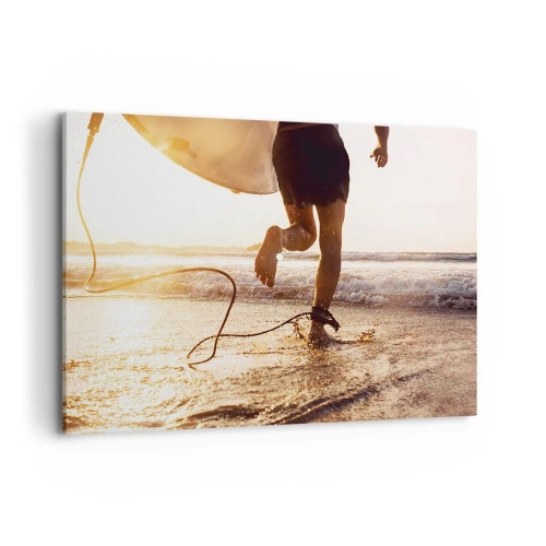 Impression sur toile - Image sur toile - Un surfeur court le long de la plage avec sa planche au soleil. - 100x70cm - A la rencontre des vagues - Décoration murale moderne pour le salon et la chambre ARTTOR