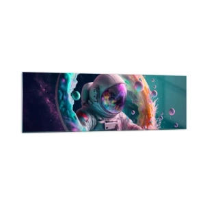 Impression sur verre - Image sur verre - Astronaute dans une aura cosmique colorée - 160x50cm - porte des étoiles - Décoration murale moderne pour le salon et la chambre ARTTOR