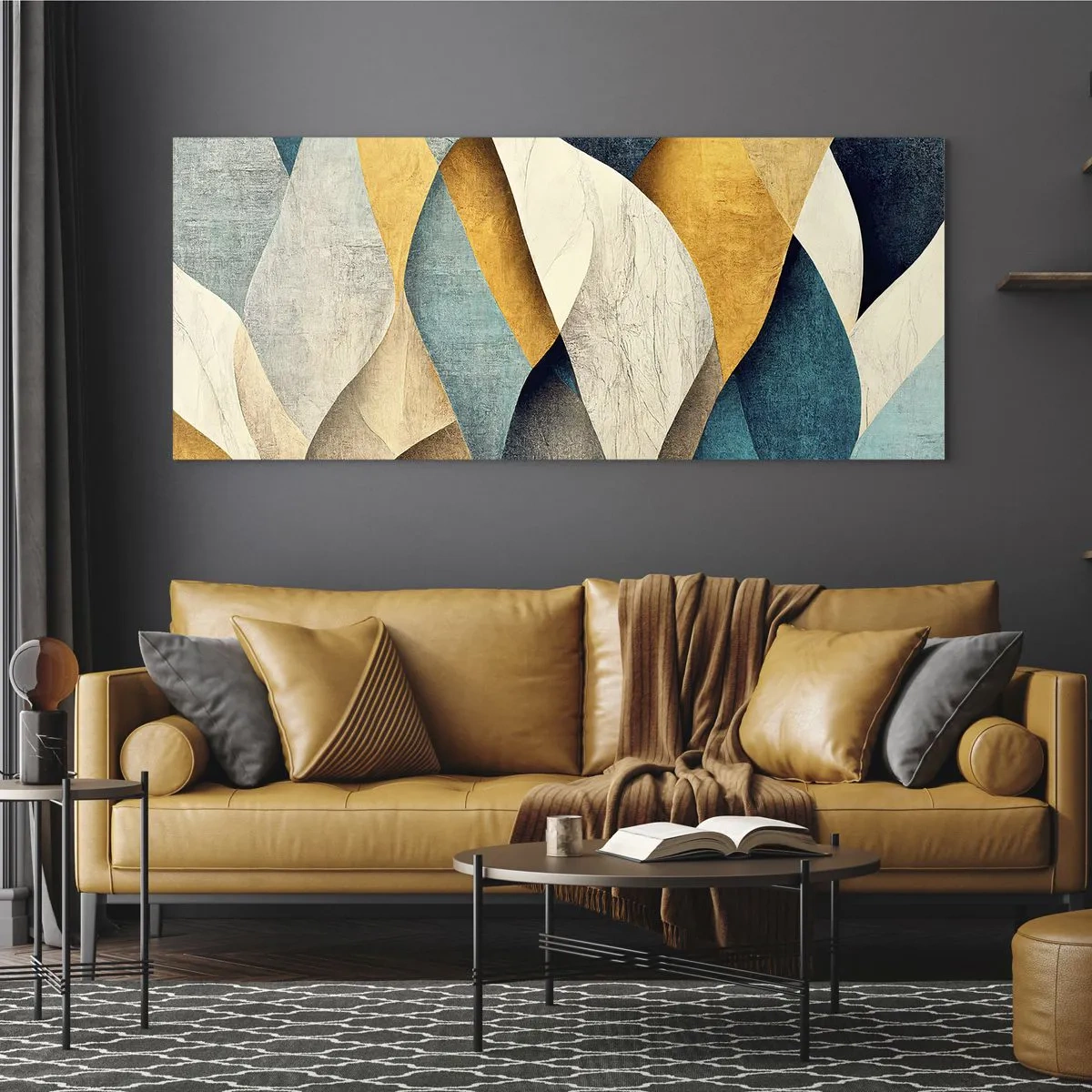 Impression sur verre - Image sur verre - Vagues abstraites dans des tons de bleu et d'or - 140x50cm - Rythme et vague - Décoration murale moderne pour le salon et la chambre ARTTOR