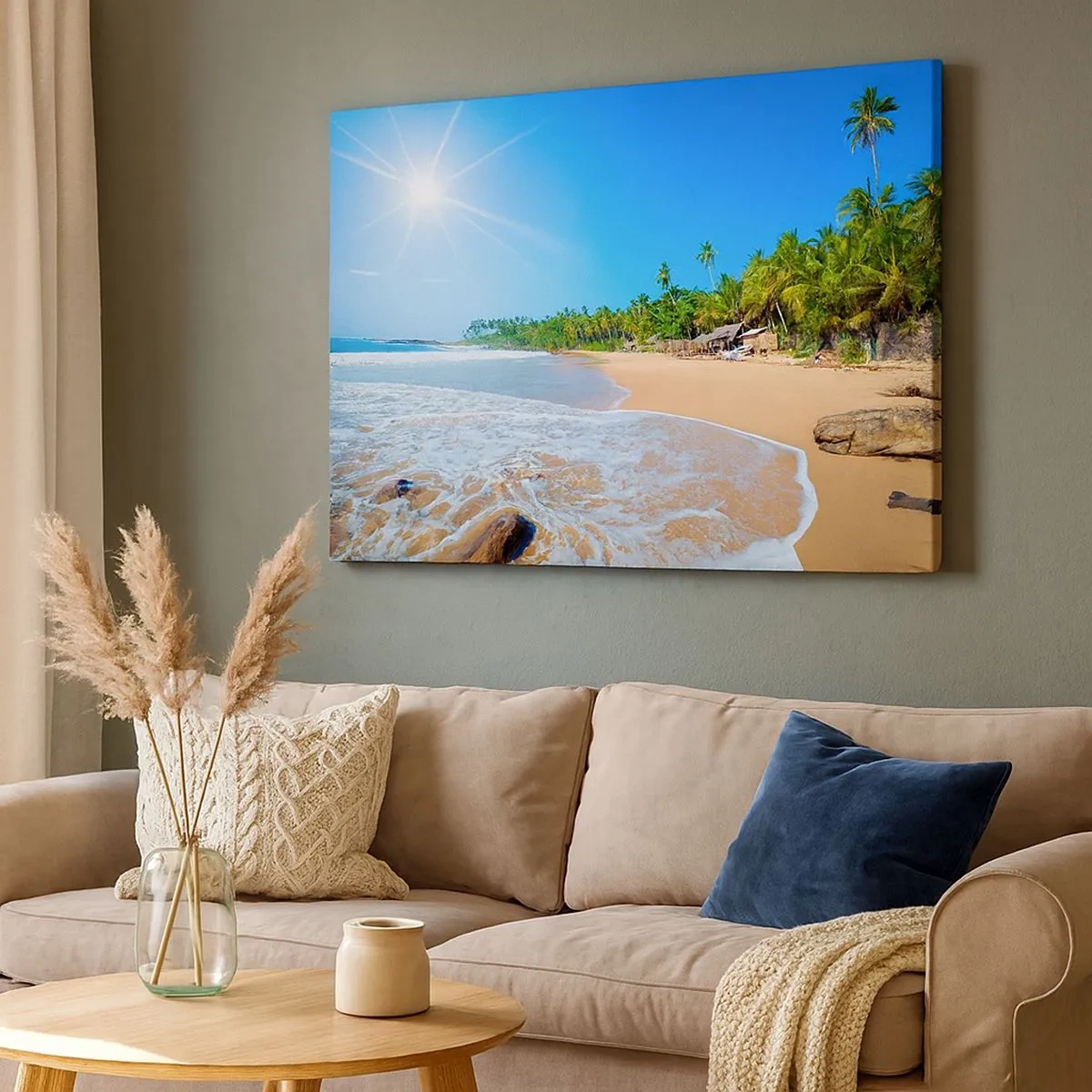 Impression sur toile - Image sur toile - Plage tropicale avec palmiers et ciel bleu - 70x50cm - Un endroit exotique pour vous - Décoration murale moderne pour le salon et la chambre ARTTOR