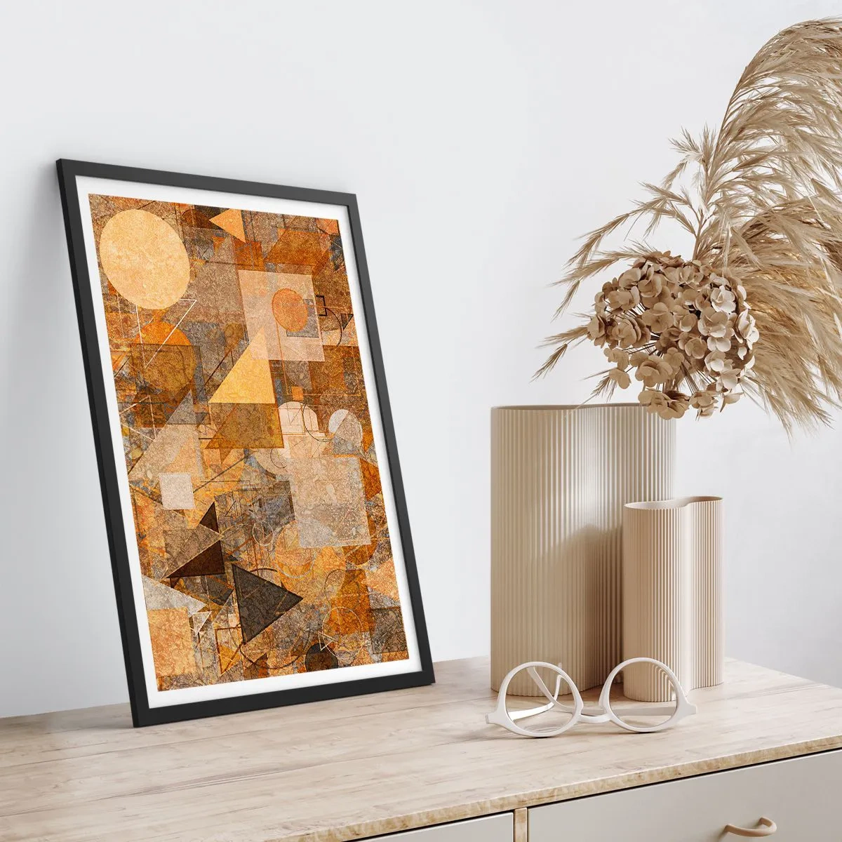 Affiche dans un cadre noir - Poster - Composition géométrique abstraite dans les tons de marron et d'orange - 50x70cm - Étude cubique de marron - Décoration murale moderne pour le salon et la chambre ARTTOR
