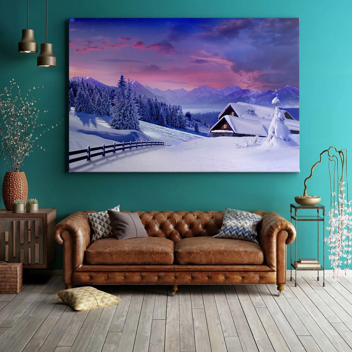 Impression sur toile - Image sur toile - Paysage d'hiver avec chalets de montagne au coucher du soleil - 120x80cm - Douce nuit - Décoration murale moderne pour le salon et la chambre ARTTOR