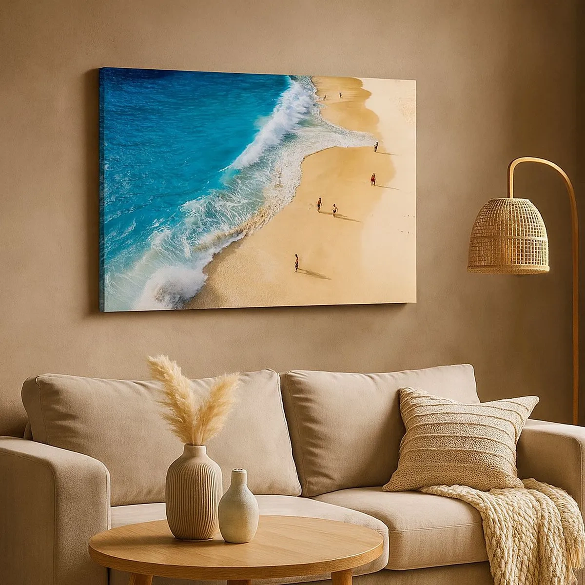 Impression sur toile - Image sur toile - Une plage avec de l'eau turquoise et des gens qui se promènent - 70x50cm - Et ensuite le soleil, la plage… - Décoration murale moderne pour le salon et la chambre ARTTOR