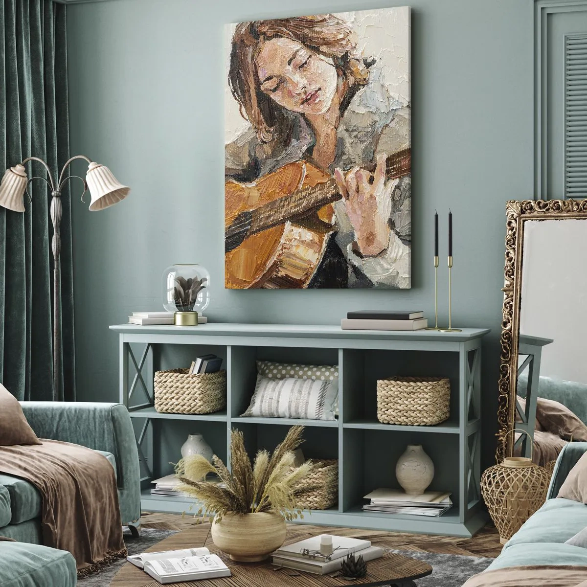 Impression sur toile - Image sur toile - Portrait d'une fille jouant de la guitare dans un style pictural aux couleurs chaudes. - 50x70cm - Concerto pour guitare et coeur de fille - Décoration murale moderne pour le salon et la chambre ARTTOR