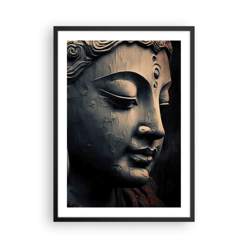 Affiche dans un cadre noir - Poster - Gros plan d'une sculpture de Bouddha dans une lumière chaude - 50x70cm - En harmonie avec le monde - Décoration murale moderne pour le salon et la chambre ARTTOR