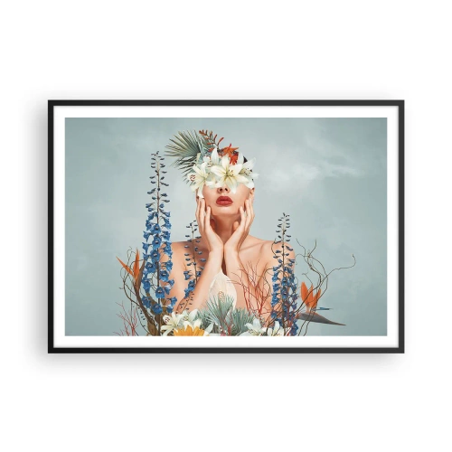 Affiche dans un cadre noir - Poster - Portrait d'une femme avec un motif floral sur fond bleu - 100x70cm - Femme - fleur - Décoration murale moderne pour le salon et la chambre ARTTOR
