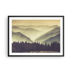 Affiche dans un cadre noir - Poster - Des chaînes de montagnes pittoresques enveloppées de brume dans une lumière chaude - 70x50cm - Derrière les sept montagnes… - Décoration murale moderne pour le salon et la chambre ARTTOR
