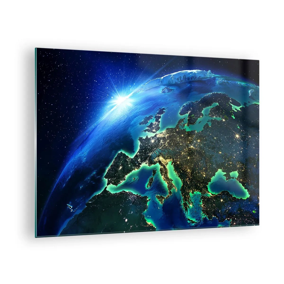 Impression sur verre - Image sur verre - Vue de la Terre depuis l'espace avec Europe illuminée la nuit - 70x50cm - Europe pétillante - Décoration murale moderne pour le salon et la chambre ARTTOR