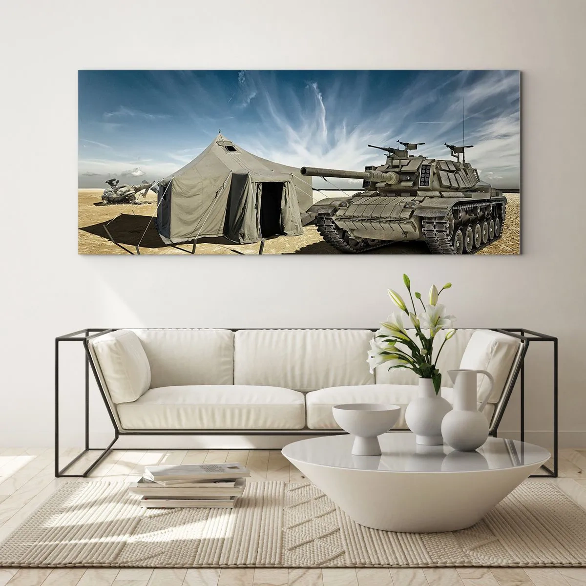 Impression sur verre - Image sur verre - Un char à côté d'une tente militaire dans une zone désertique - 160x50cm - Un rêve militaire - Décoration murale moderne pour le salon et la chambre ARTTOR