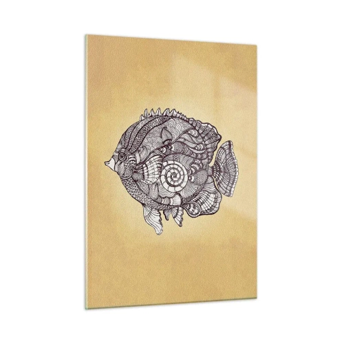 Impression sur verre - Image sur verre - Un poisson de dessin animé avec des ornements sur un fond beige - 50x70cm - D'un océan d'ornements - Décoration murale moderne pour le salon et la chambre ARTTOR