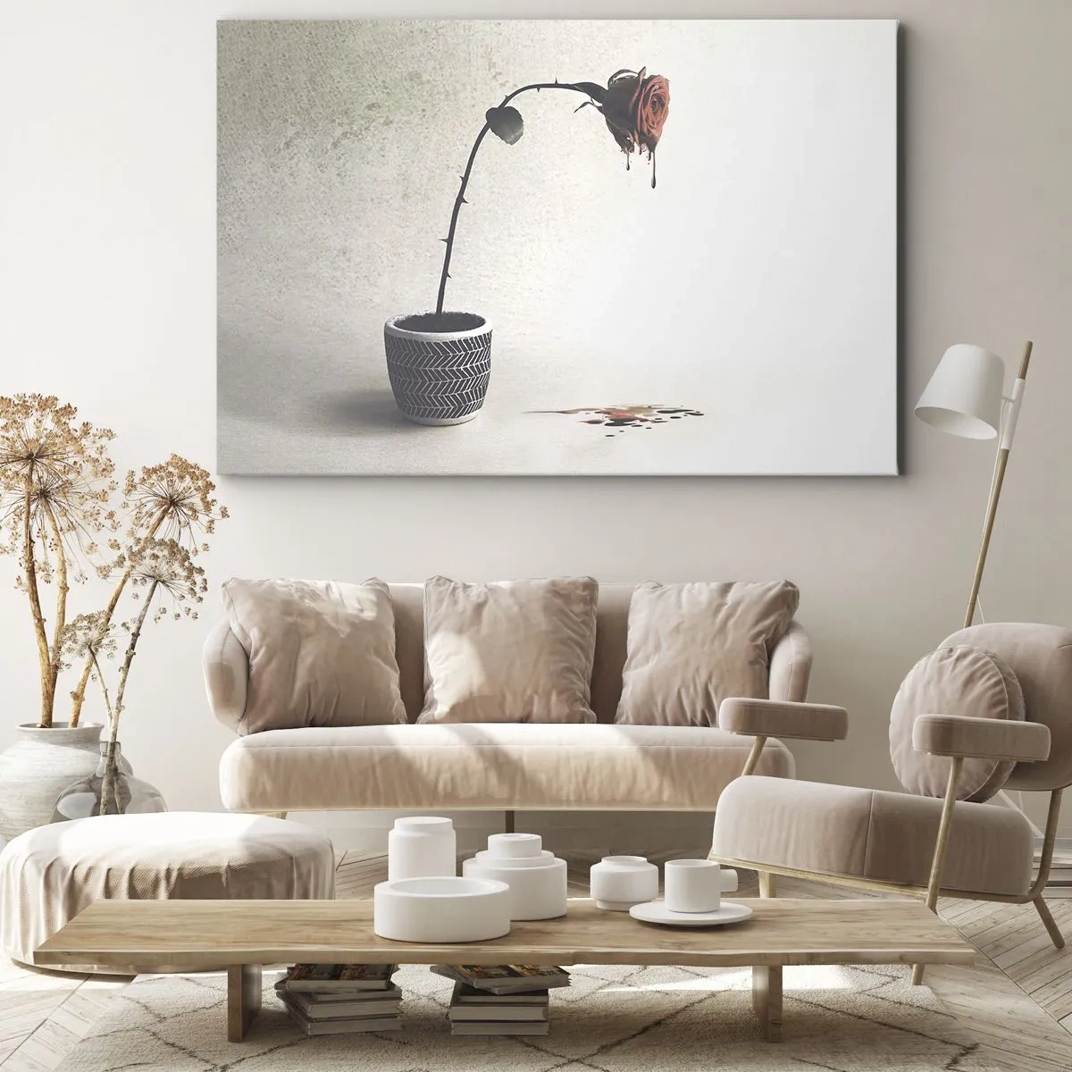 Impression sur toile - Image sur toile - Une rose rouge dans un pot avec des gouttes de colorant sur un fond blanc - 70x50cm - Rosa dolorosa - Décoration murale moderne pour le salon et la chambre ARTTOR