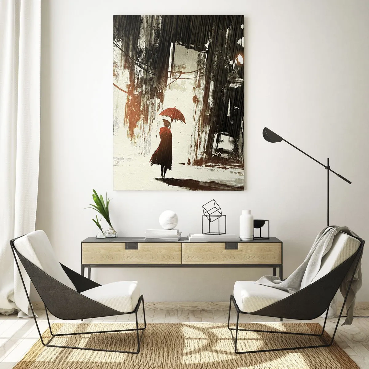 Impression sur verre - Image sur verre - Une figure rouge avec un parapluie dans une scène pluvieuse - 70x100cm - La poésie du parapluie rouge - Décoration murale moderne pour le salon et la chambre ARTTOR