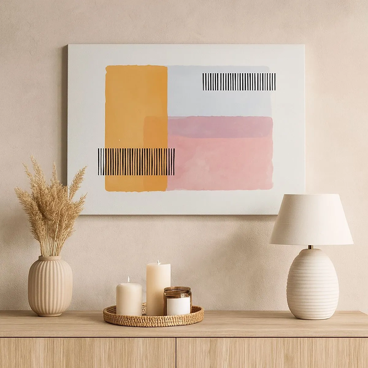 Impression sur toile - Image sur toile - Géométrie aux couleurs pastel avec des lignes sur fond clair - 70x50cm - D'un coin à l'autre - Décoration murale moderne pour le salon et la chambre ARTTOR