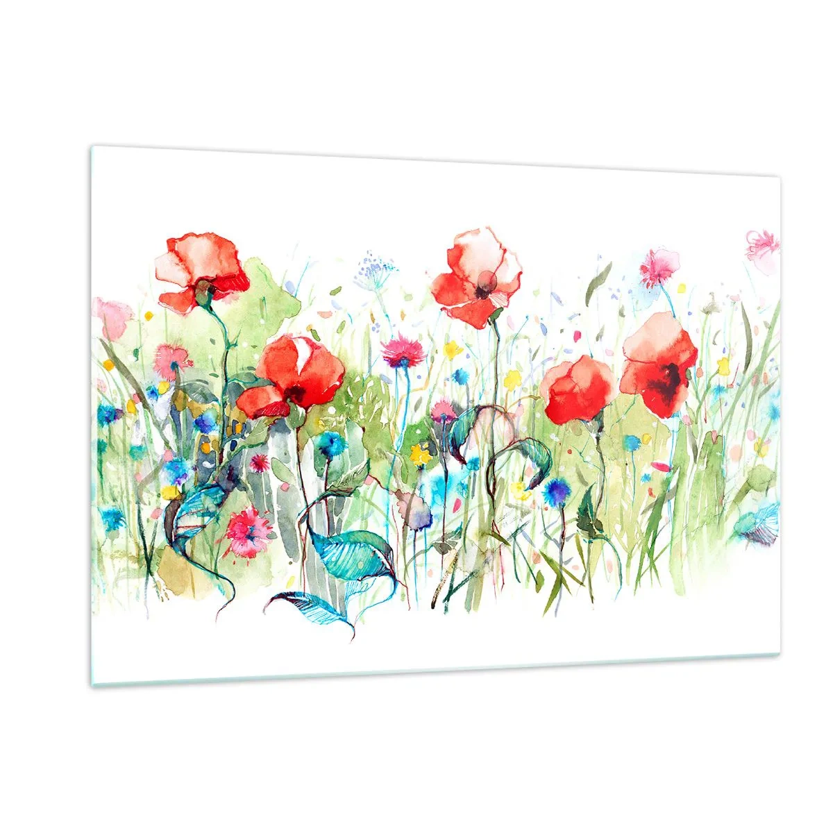 Impression sur verre - Image sur verre - Coquelicots colorés et fleurs sauvages dans un style aquarelle - 120x80cm - Prairie de fleurs en mai - Décoration murale moderne pour le salon et la chambre ARTTOR