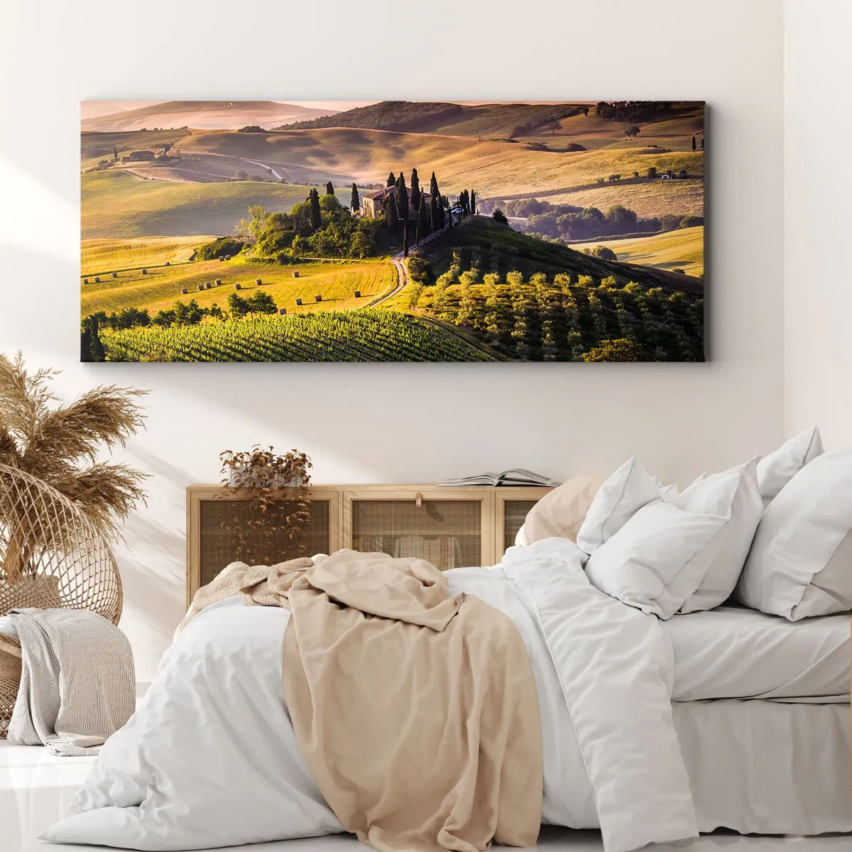 Impression sur toile - Image sur toile - Paysage toscan avec des vignes et une maison sur une colline - 160x50cm - Arcadie - le paysage toscan - Décoration murale moderne pour le salon et la chambre ARTTOR