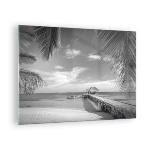 Impression sur verre - Image sur verre - Photographie en noir et blanc d'une plage tropicale avec une jetée - 70x50cm - Souvenirs ou rêve? - Décoration murale moderne pour le salon et la chambre ARTTOR