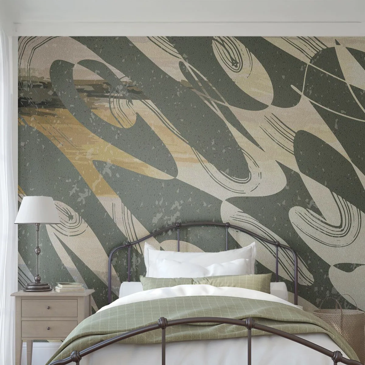 Papier Peint Photo Premium Sand - Une composition verte et beige avec des formes abstraites dynamiques - 100x70cm - Abstraction rythmique - Décoration murale moderne pour le salon et la chambre ARTTOR