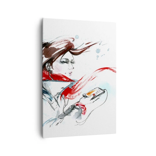 Impression sur toile - Image sur toile - Une femme portant un foulard rouge avec des traits d'aquarelle dynamiques - 70x100cm - Quelque chose se passe en moi - Décoration murale moderne pour le salon et la chambre ARTTOR