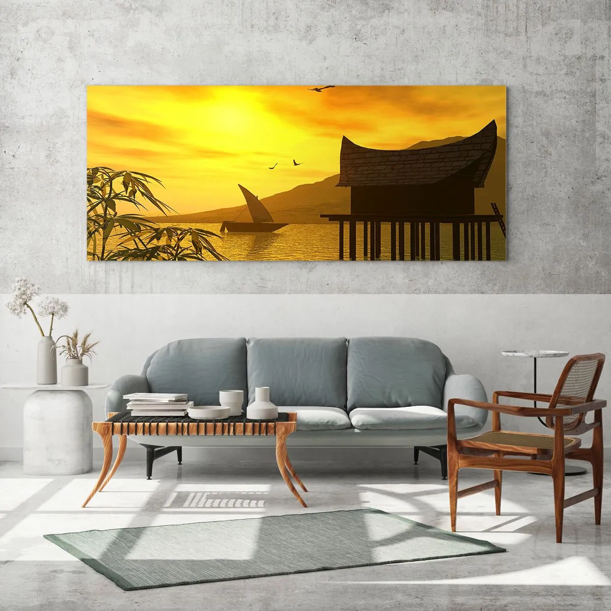 Impression sur verre - Image sur verre - Coucher de soleil tropical sur l'eau avec une maison en bois sur pilotis. - 140x50cm - La paix tant désirée - Décoration murale moderne pour le salon et la chambre ARTTOR