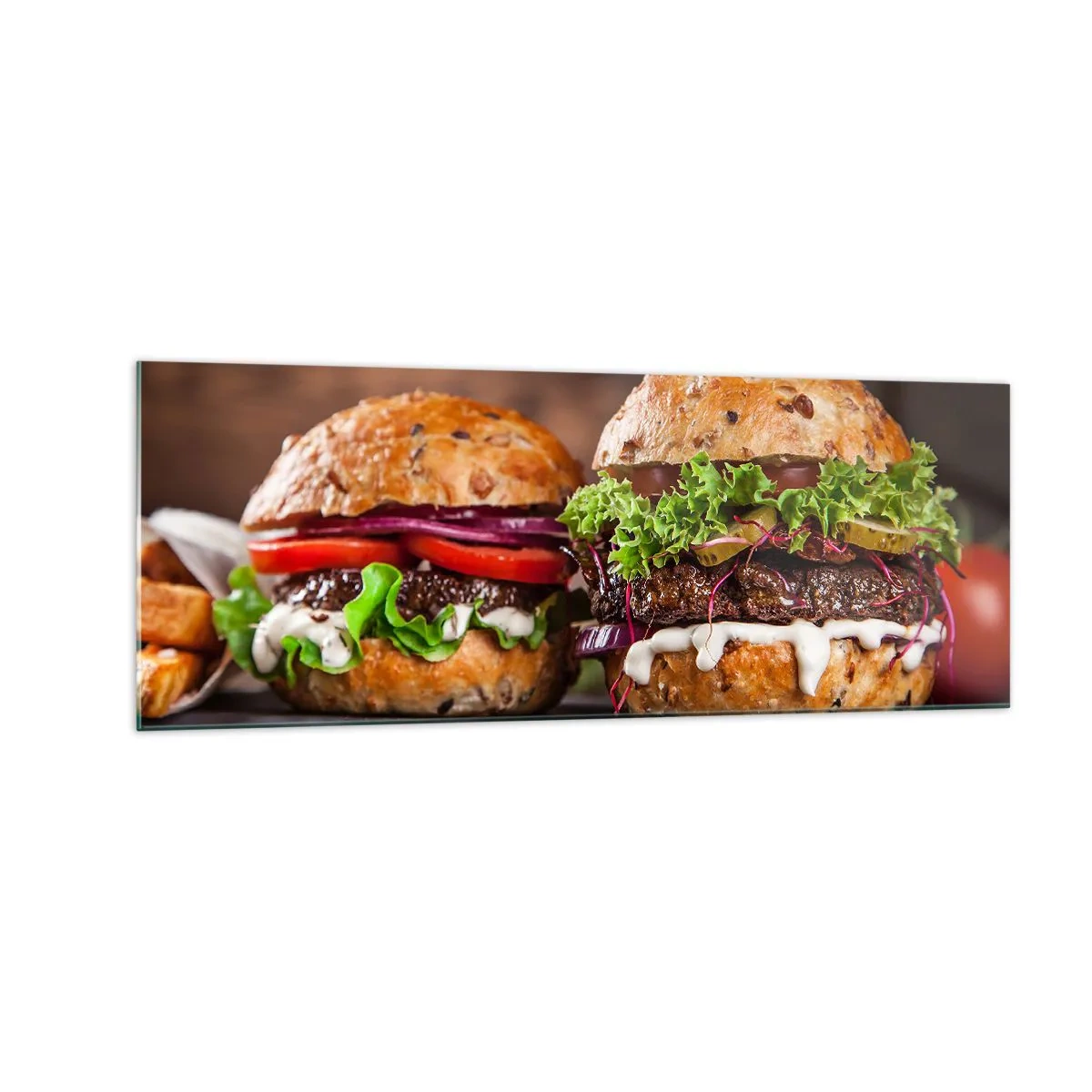 Impression sur verre - Image sur verre - Burgers appétissants avec légumes et sauce - 140x50cm - American dream - Décoration murale moderne pour le salon et la chambre ARTTOR