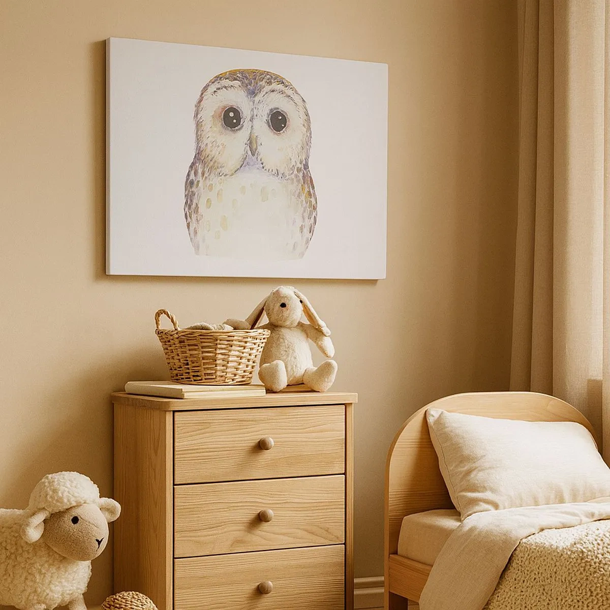 Impression sur toile - Image sur toile - Portrait d'un hibou sur fond clair aux couleurs délicates - 70x50cm - Regarde-moi dans les yeux - Décoration murale moderne pour le salon et la chambre ARTTOR