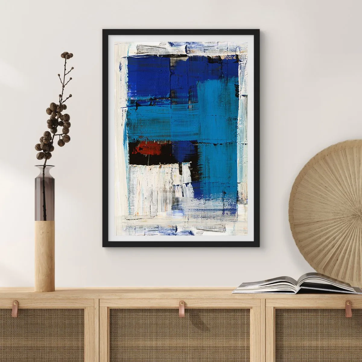 Affiche dans un cadre noir - Poster - Composition abstraite dans les tons de bleu et de blanc - 50x70cm - Secret de bleu - Décoration murale moderne pour le salon et la chambre ARTTOR