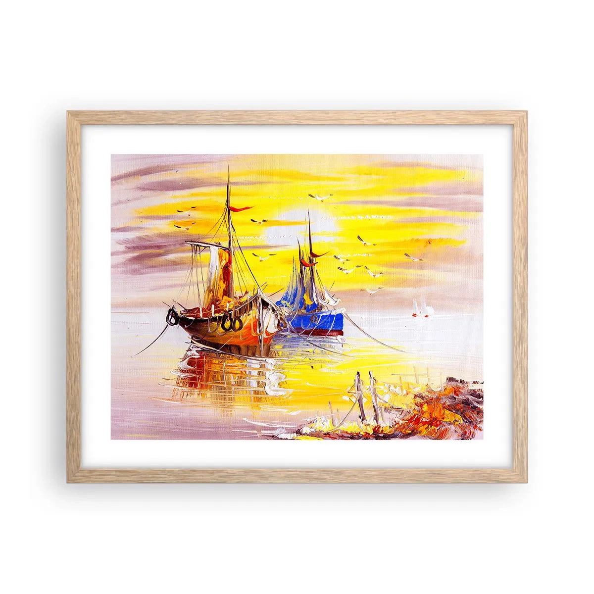 Affiche dans un chêne clair - Poster - Un repos bien mérité au port - 50x40 cm