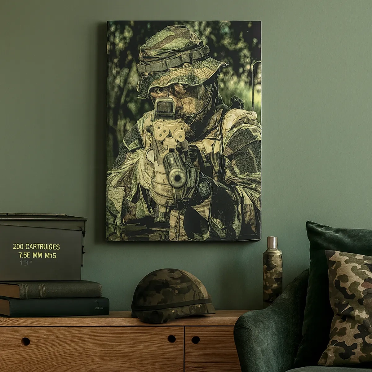 Impression sur toile - Image sur toile - Un soldat en tenue de camouflage vise à travers l'eau. - 50x70cm - Le meilleur des meilleurs - Décoration murale moderne pour le salon et la chambre ARTTOR