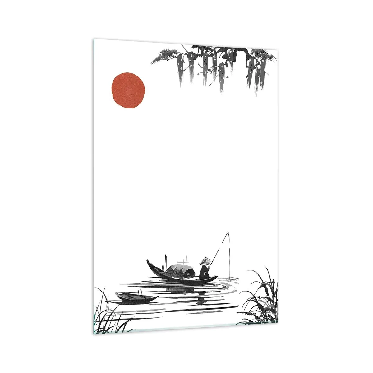 Impression sur verre - Image sur verre - Bateau de pêche traditionnel sur une rivière avec un soleil rouge - 50x70cm - Après-midi asiatique - Décoration murale moderne pour le salon et la chambre ARTTOR