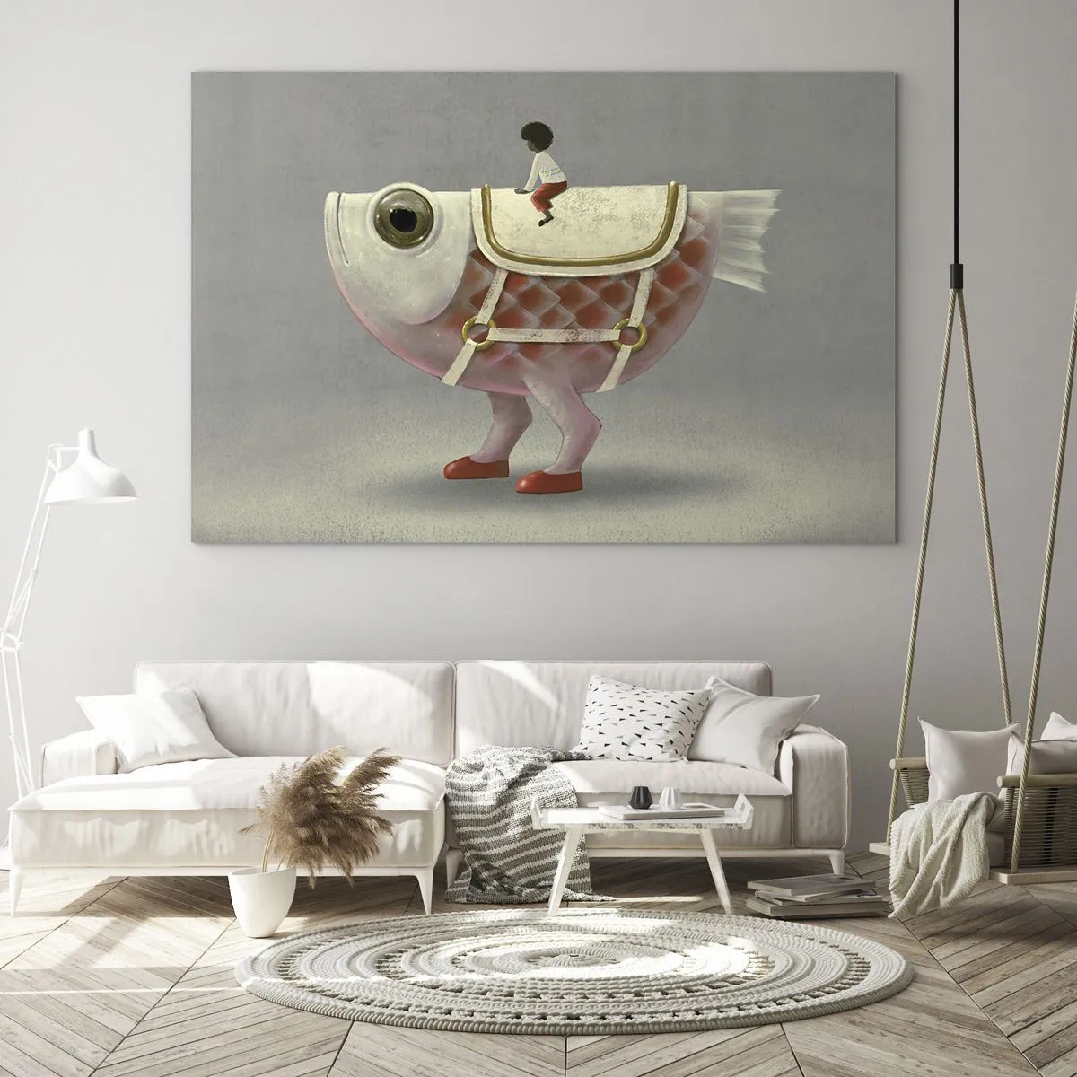Impression sur verre - Image sur verre - Une figure chevauchant un poisson rose avec des jambes et une selle - 70x50cm - Le cavalier poisson - Décoration murale moderne pour le salon et la chambre ARTTOR