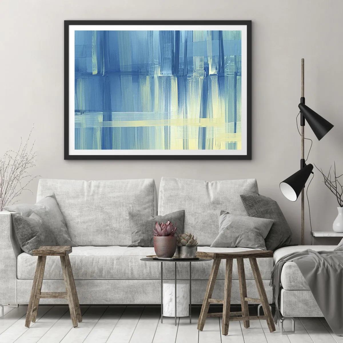 Affiche dans un cadre noir - Poster - Une peinture abstraite dans des tons turquoise et bleu avec des coups de pinceau géométriques. - 70x50cm - Composition en turquoise - Décoration murale moderne pour le salon et la chambre ARTTOR