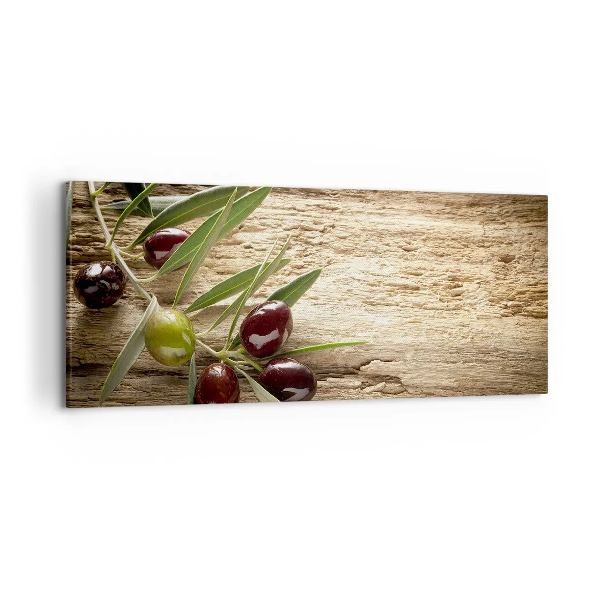 Impression sur toile - Image sur toile - Branche d'olivier avec des fruits sur un fond de bois vieilli - 120x50cm - Directement de la nature - Décoration murale moderne pour le salon et la chambre ARTTOR