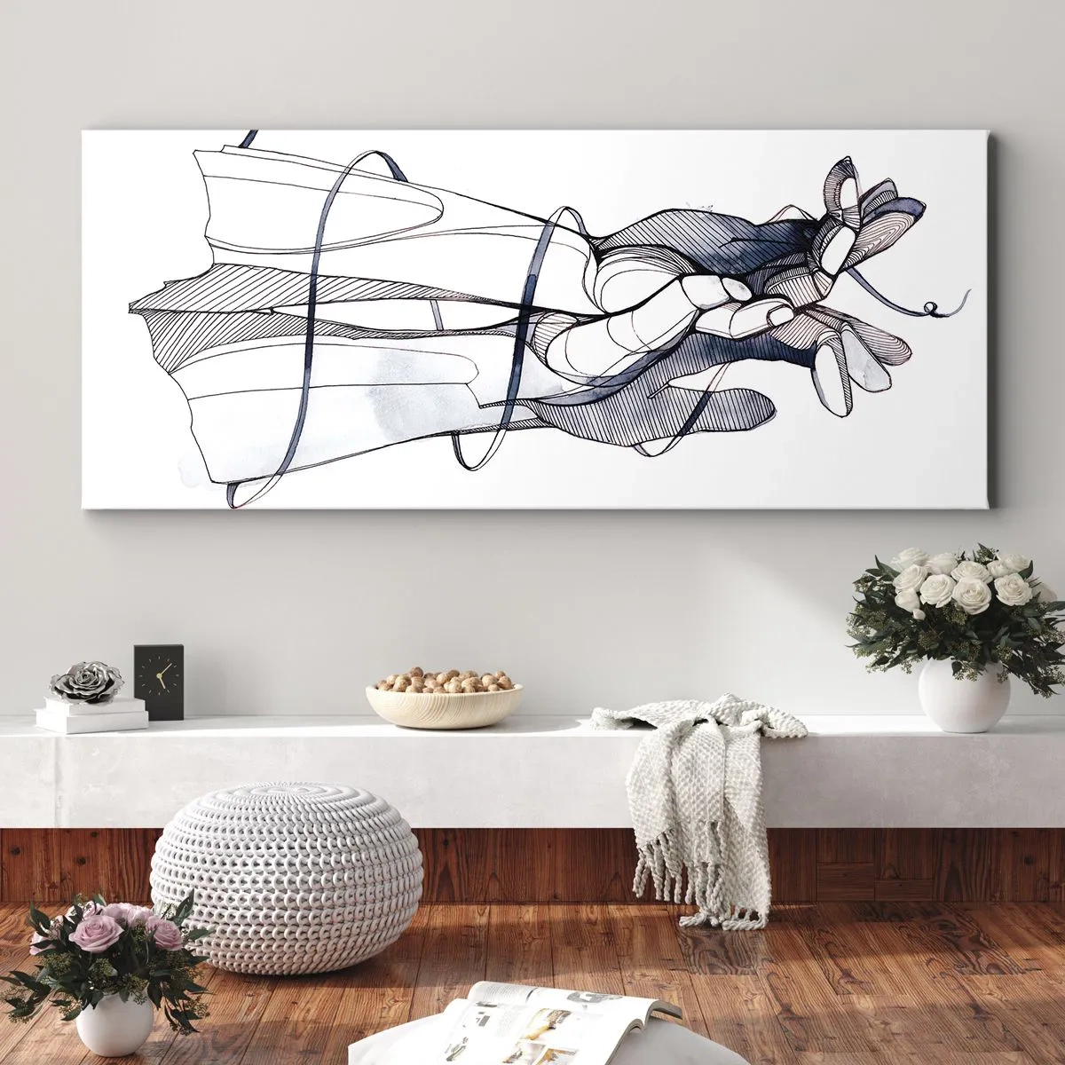 Impression sur toile - Image sur toile - Un dessin subtil d'une main avec une fleur délicate - 140x50cm - Étude du touché - Décoration murale moderne pour le salon et la chambre ARTTOR