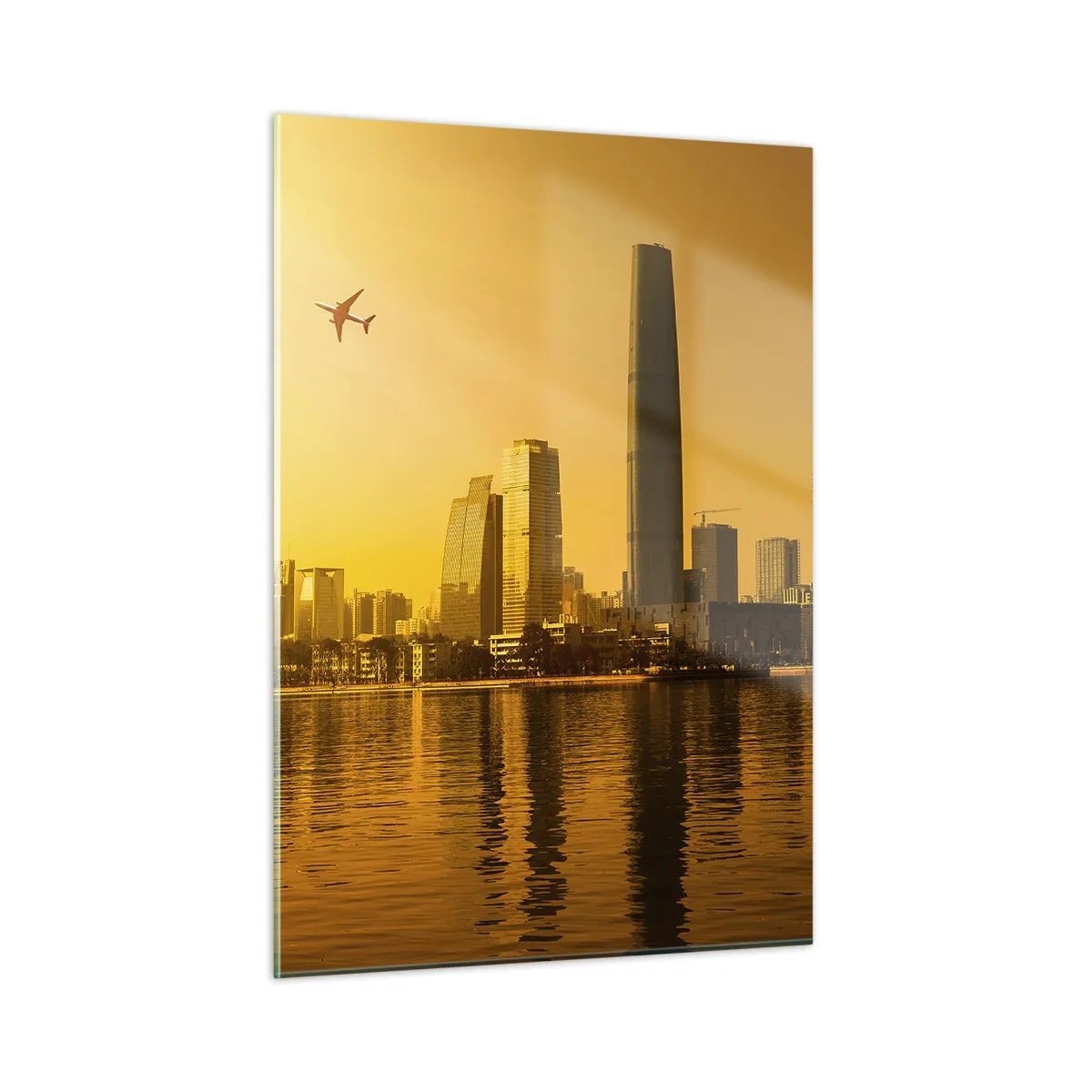 Impression sur verre - Image sur verre - Une ville moderne avec des gratte-ciel au coucher du soleil - 50x70cm - La ville en or - Décoration murale moderne pour le salon et la chambre ARTTOR