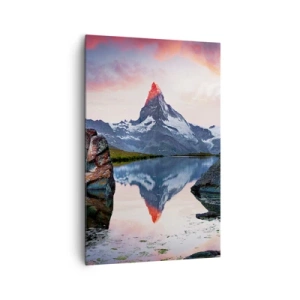 Impression sur toile - Image sur toile - Un sommet de montagne se reflétant dans un lac au coucher du soleil - 80x120cm - Le coeur des montagnes est chaud - Décoration murale moderne pour le salon et la chambre ARTTOR